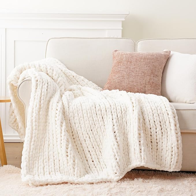 Battilo Cream Chunky Knit Throw Blanket, Soft and Thick White Chenille Throw - Image 2