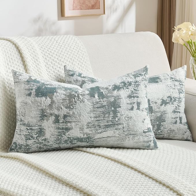 FUTEI Teal White Decorative Throw Pillow Covers 12x20 Inch Set of 2, Soft Faux by FUTEI