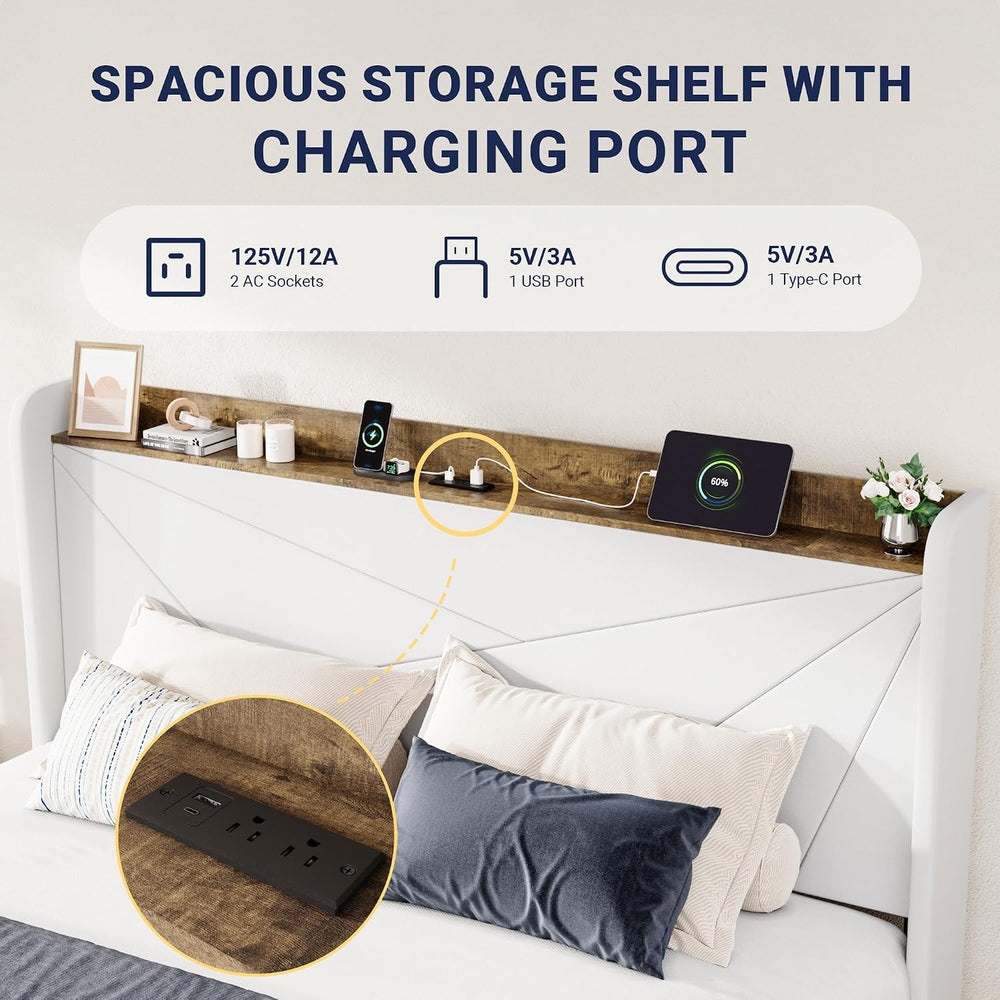 Allewie King Size Velvet Bed Frame with Storage Drawer and USB Ports, White