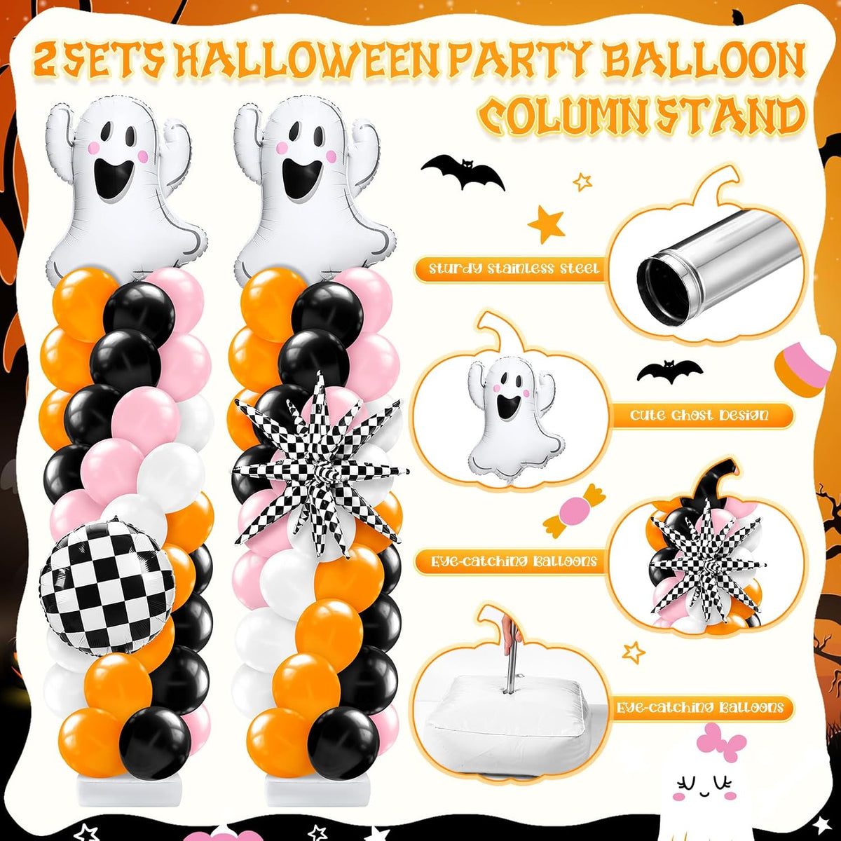 Kasyat 2 Sets Pink and Orange Halloween Balloon Arch Kit with Ghost Black White Checkered Round Ball Explosion Star Foil Balloon Orange Pink Black White Garland for Spooky Theme Party Decoration