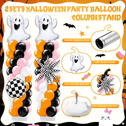 Kasyat 2 Sets Pink and Orange Halloween Balloon Arch Kit with Ghost Black White Checkered Round Ball Explosion Star Foil Balloon Orange Pink Black White Garland for Spooky Theme Party Decoration