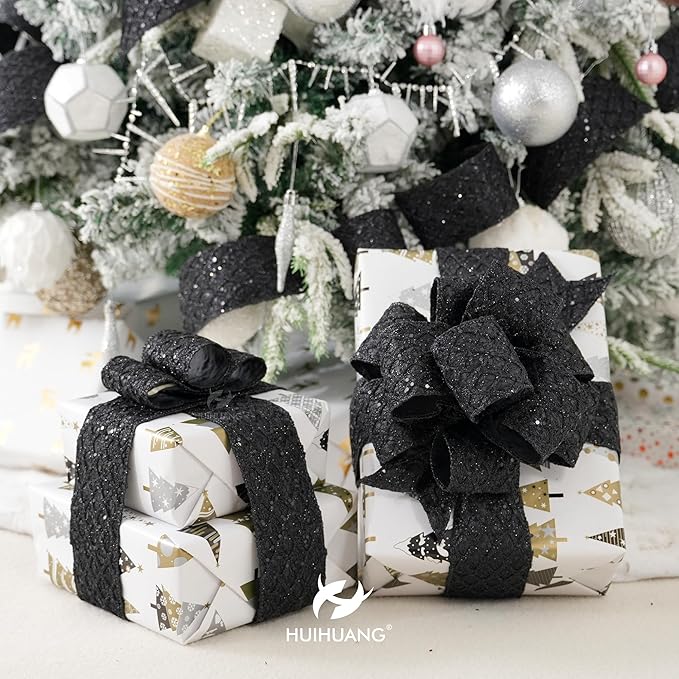 HUIHUANG Black Glitter Wired Ribbon 4 inch Black Christmas Tree Ribbon Diamond - Image 7