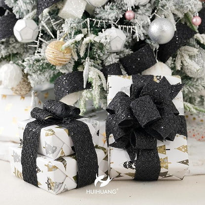 HUIHUANG Black Glitter Wired Ribbon 4 inch Black Christmas Tree Ribbon Diamond - Image 7