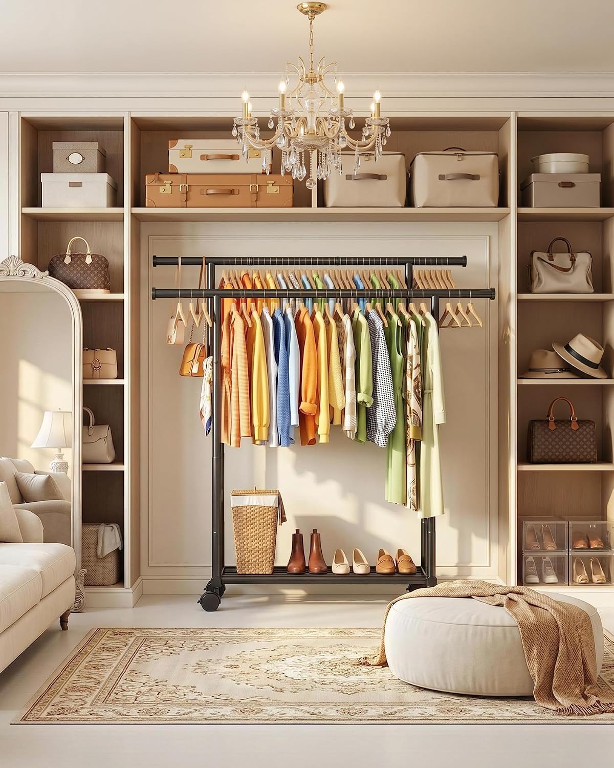 sakugi rolling double rod clothes rack with shelf, front angle view
