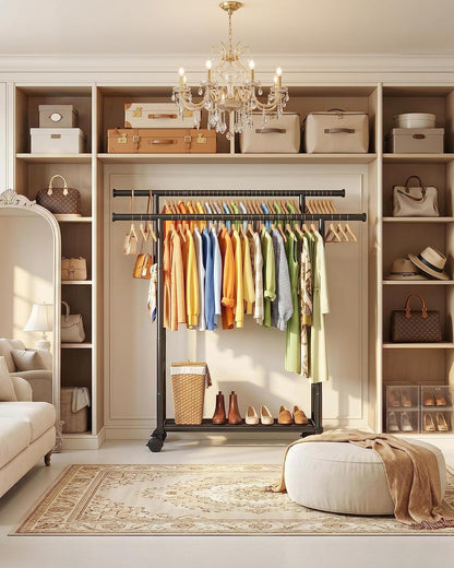 sakugi rolling double rod clothes rack with shelf, front angle view