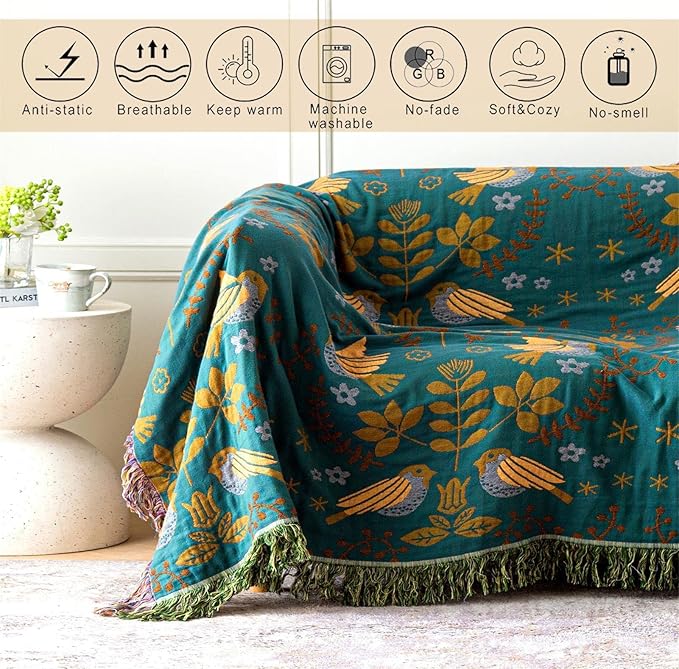 MSGKV 100% Cotton Blanket Boho Throw Blue Warm Couch Sofa Bed Double Sided Knit - Image 4
