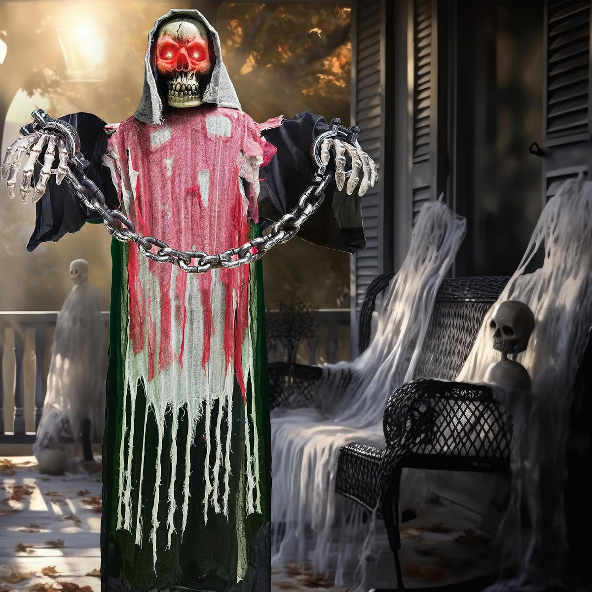 Halloween Decorations Outdoor, 6 Ft Large Animated Grim Reaper with Big Chain,Sound & Touch Activated with Creepy Sound - Scary Props House Decor for Garden Yard Lawn Indoor Decoration Animatronics