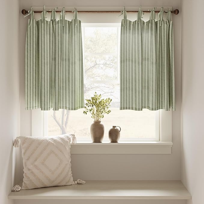 jinchan Tie Top Linen Kitchen Curtains 36 Inches Striped Tier Curtains - Image 3