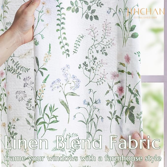 jinchan Linen Kitchen Curtains Floral Printed Tier Curtains 36 Inch Length - Image 8