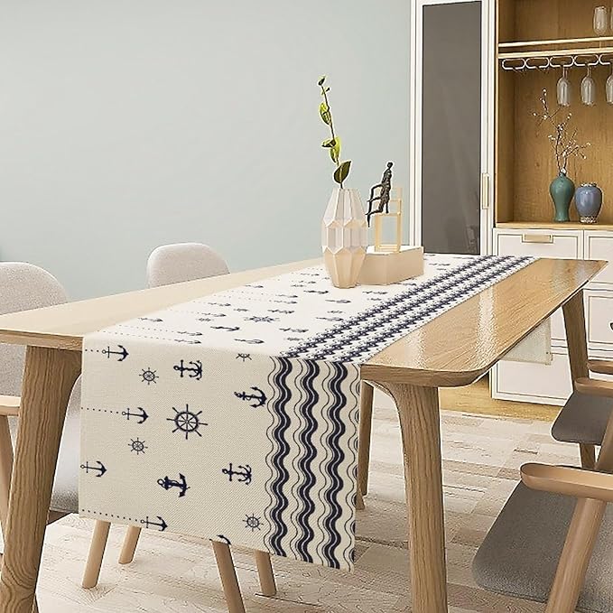 Nautical Table Runner, Anchor Sailboat Rudder Navy Wavy Stripes Ocean Waves - Image 2