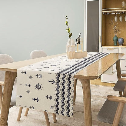Nautical Table Runner, Anchor Sailboat Rudder Navy Wavy Stripes Ocean Waves - Image 2