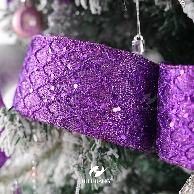 HUIHUANG Purple Wired Ribbon for Christmas Tree 2.5 inch Purple Glitter Diamond - Image 5