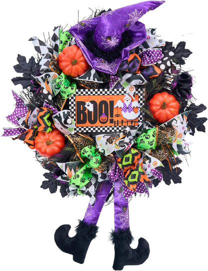 Halloween Wreath for Front Door,20 inch Whimsical mesh Wreath with Witch
