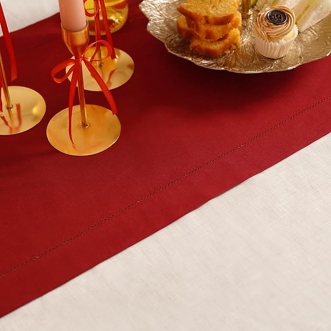 Home Ekaa Red Cotton Linen Table Runner 36 Inches Long – Washable Hemstitch 14 - Image 5
