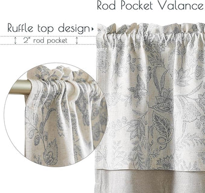 jinchan Linen Valance Curtain Farmhouse Grey Floral Printed Small Window Curtain - Image 5