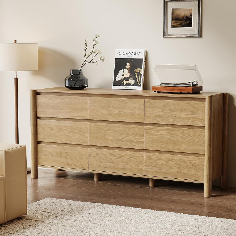HOUROM Oak Dresser for Bedroom,63" Wide 9 Drawer Mid Century Modern Chest