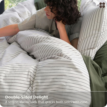 bedsure purewoven striped duvet cover set linen‑like, queen, close-up detail
