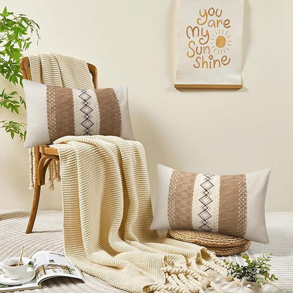 Pyonic Pack of 2 Boho Throw Pillow Covers 12x20 Inch Farmhouse Beige Decorative - Image 6