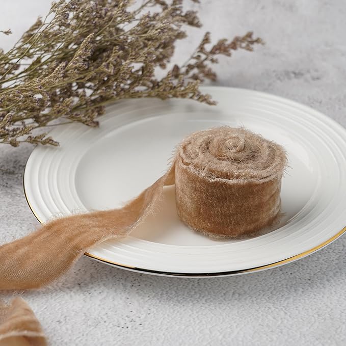 Camel Velvet Ribbon 1.5 Inch Hand Frayed Silk Velvet Ribbon - Image 6