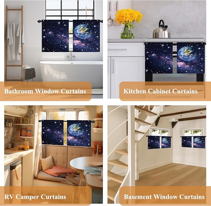 Renaiss 26 x 24 Inch Earth Galaxy Bedroom Window Curtains Outer Space View - Image 7