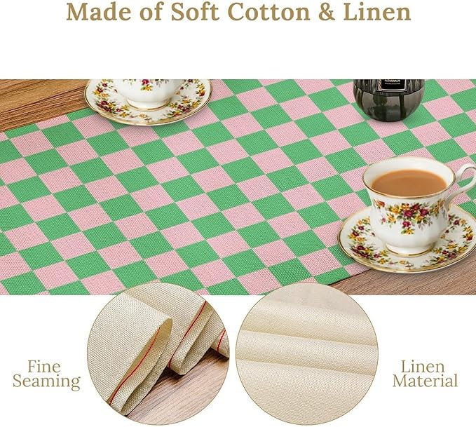 Retro Checkered Table Runner, Cute Pink Green Checkerboard Vintage Hippie - Image 4