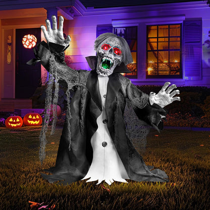 Halloween Animatronic Zombie Groundbreaker Decoration, 2.3 FT Motion & Sound Activated Scary Outdoor Prop with Light-Up Eyes for Yard, Lawn, Patio & Haunted House