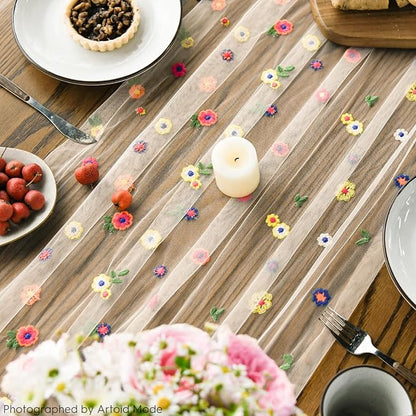 Artoid Mode 3PCS Champagne Embroidery Daisy Gauze Table Runner 120 Inch 10FT - Image 6
