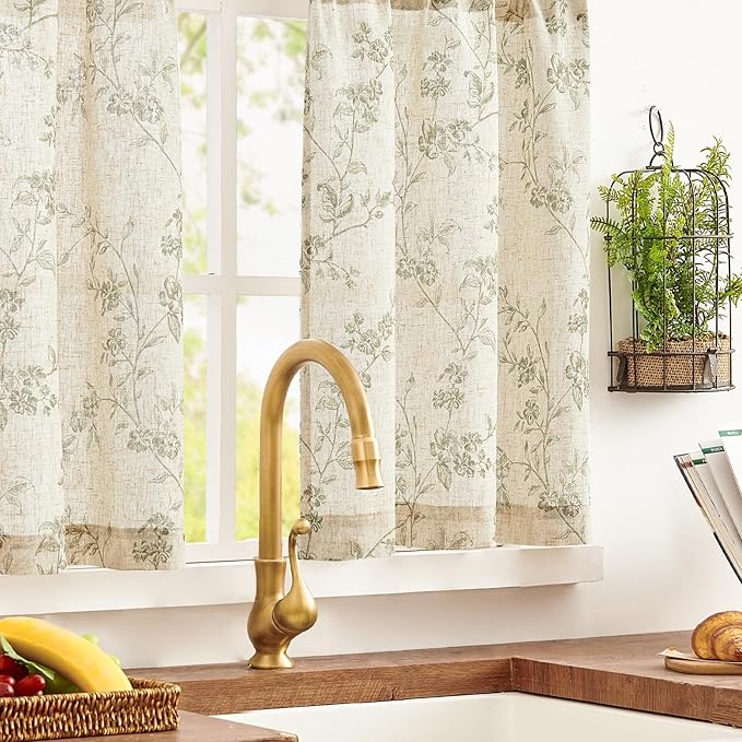 jinchan Floral Kitchen Curtains 24 Inch Linen Tier Curtains Christmas Decor - Image 2