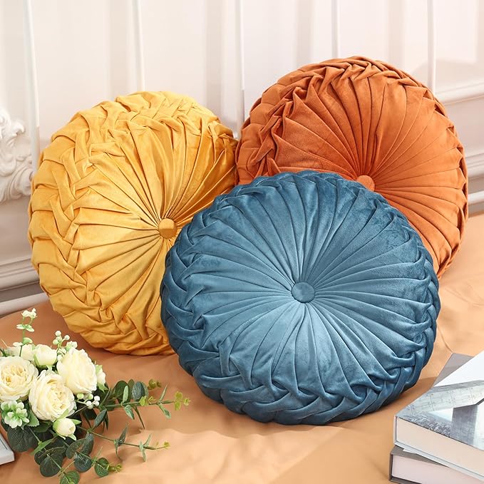 3 Pcs Round Throw Pillows Decorative Velvet Pleated Throw Pillows 15'' Diameter by Drydiet