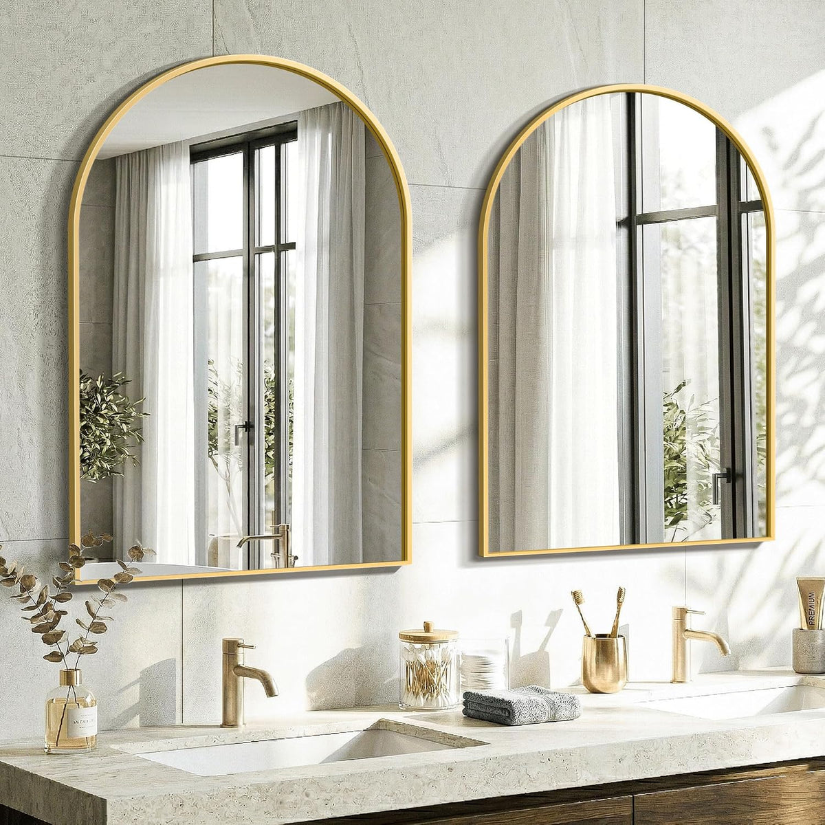 amoise arched bathroom mirror for wall, 2 pack on a desk or shelf