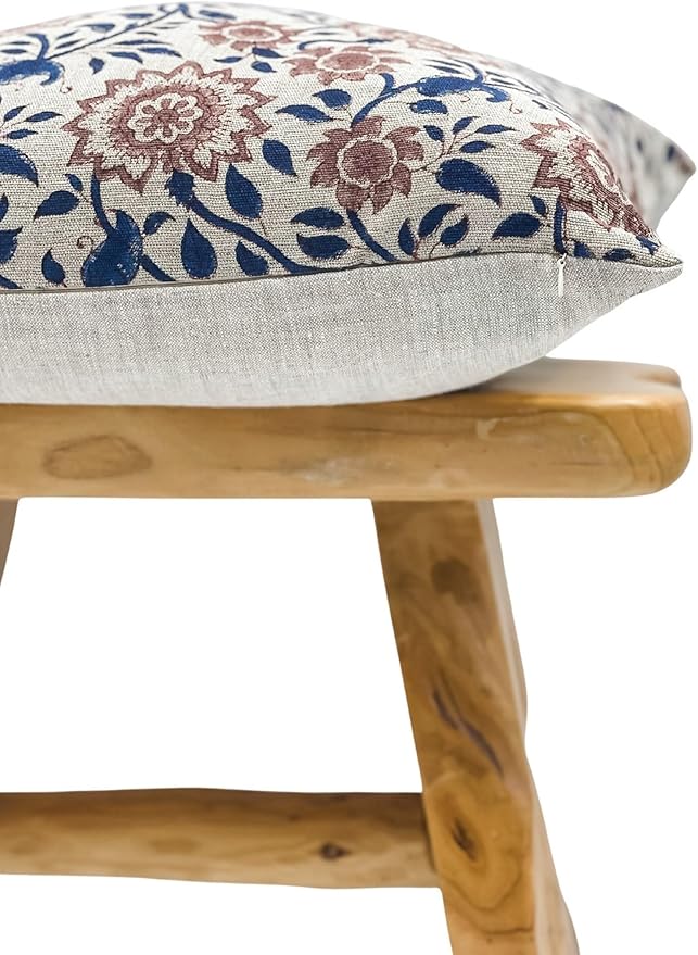 Designer Floral Print on Natural Linen Pillow Cover | Indigo Blue and Rust - Image 3