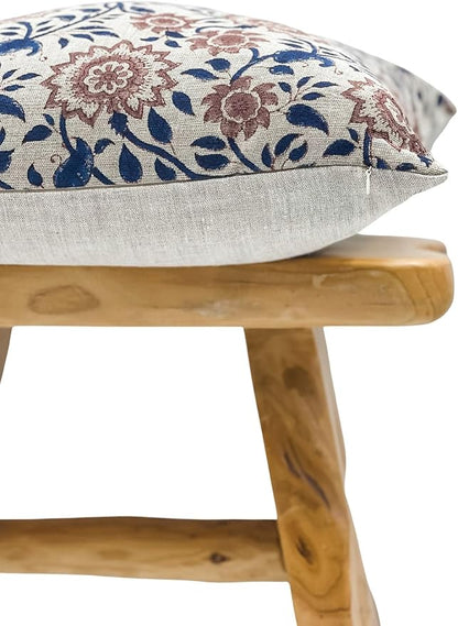 Designer Floral Print on Natural Linen Pillow Cover | Indigo Blue and Rust - Image 3