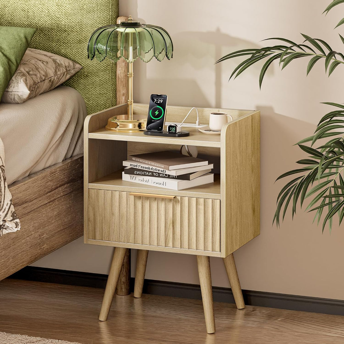 huuger nightstand with charging station, usb-c port, end shown in use