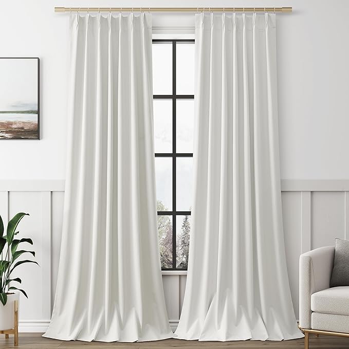 Ivory 100% Blackout Pinch Pleated Linen Curtains 102 Inches Long by Aersas
