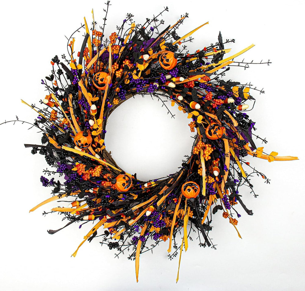 J'FLORU Black Halloween Wreath 22 Inch Artificial Halloween Wreaths for F...