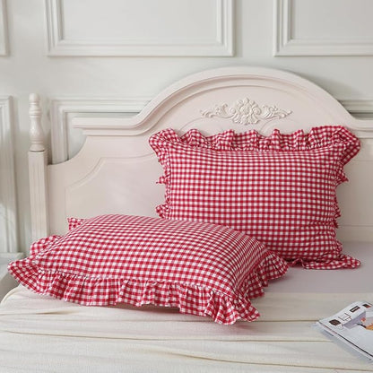 Red/White Plaid Pillow Shams King Size Set of 2, Shabby Checkered Ruffle Pillow - Image 5
