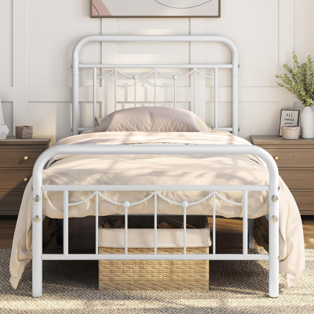 Yaheetech Twin Metal Bed Frame with Vintage Spindle Headboard White