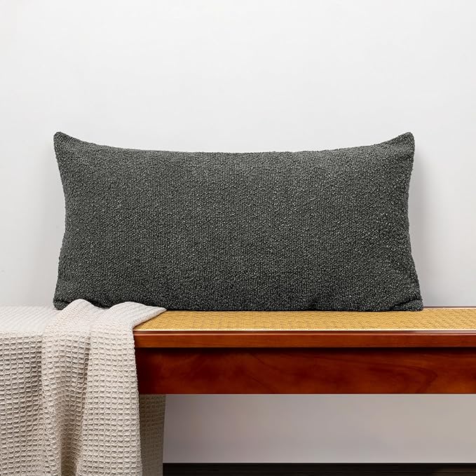 12x24 inch Boucle Lumbar Pillow Cover, Dark Grey Woven Texture Neutral Long by JoraLion