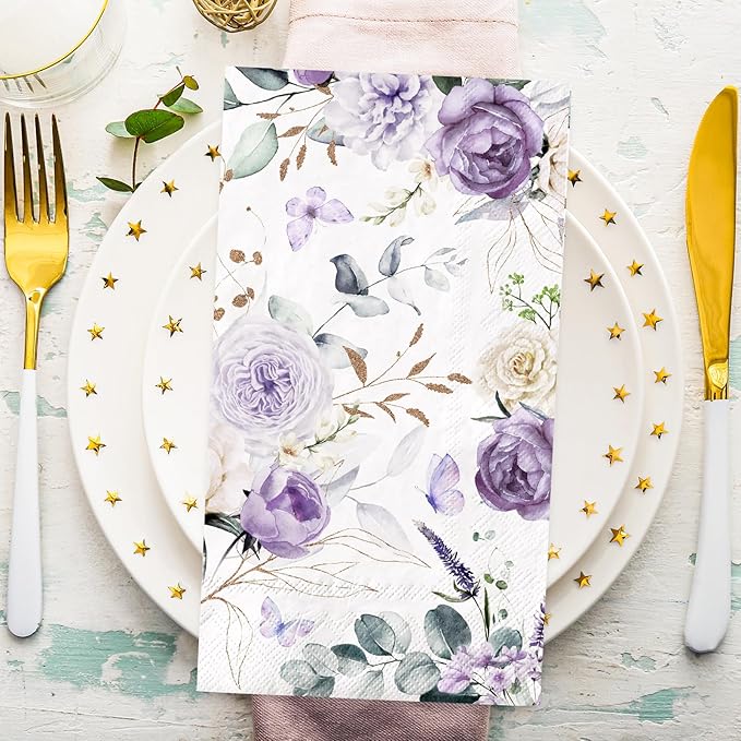 100Pcs Floral Guest Napkins Watercolor Purple Flower Butterfly Disposable - Image 3