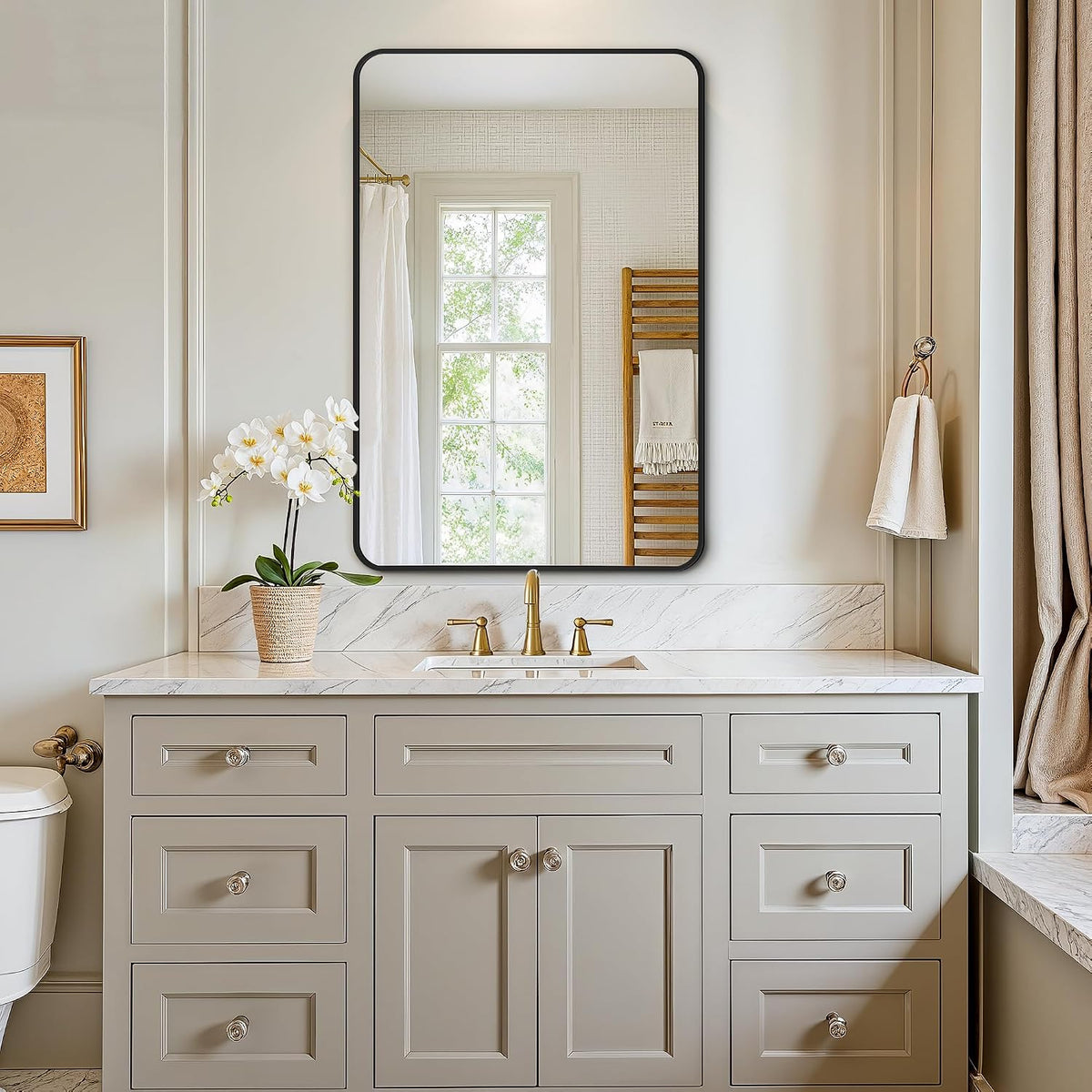 vanity bathroom mirror, 30”x20” black bathroom mirror for, close-up detail
