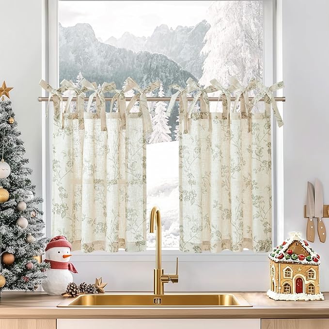 jinchan Floral Kitchen Curtains 24 Inch Linen Tier Curtains Christmas Decor by JINCHAN