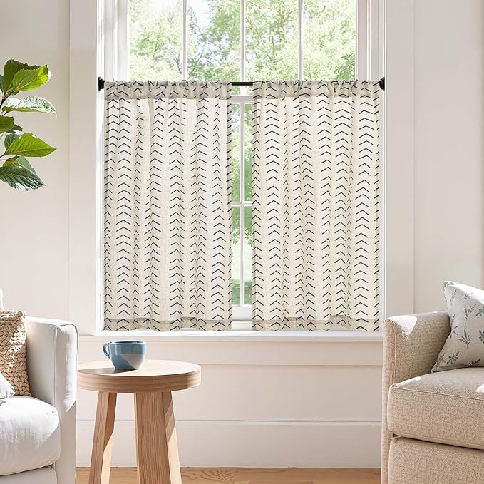 jinchan Arrow Boho Linen Blend Kitchen Curtains 36 Inch Length Herringbone by JINCHAN
