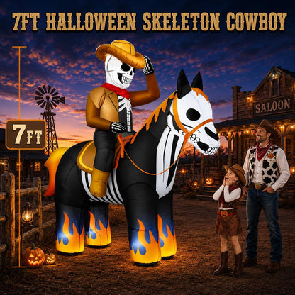 zukakii 7FT Halloween Inflatables Decorations Outdoor Skeleton Cowboy Riding Inflatable Horse Built-in Bright LEDs Flame-Hoofed Western Halloween Blow Up Yard Decoration Blowup for Lawn Party