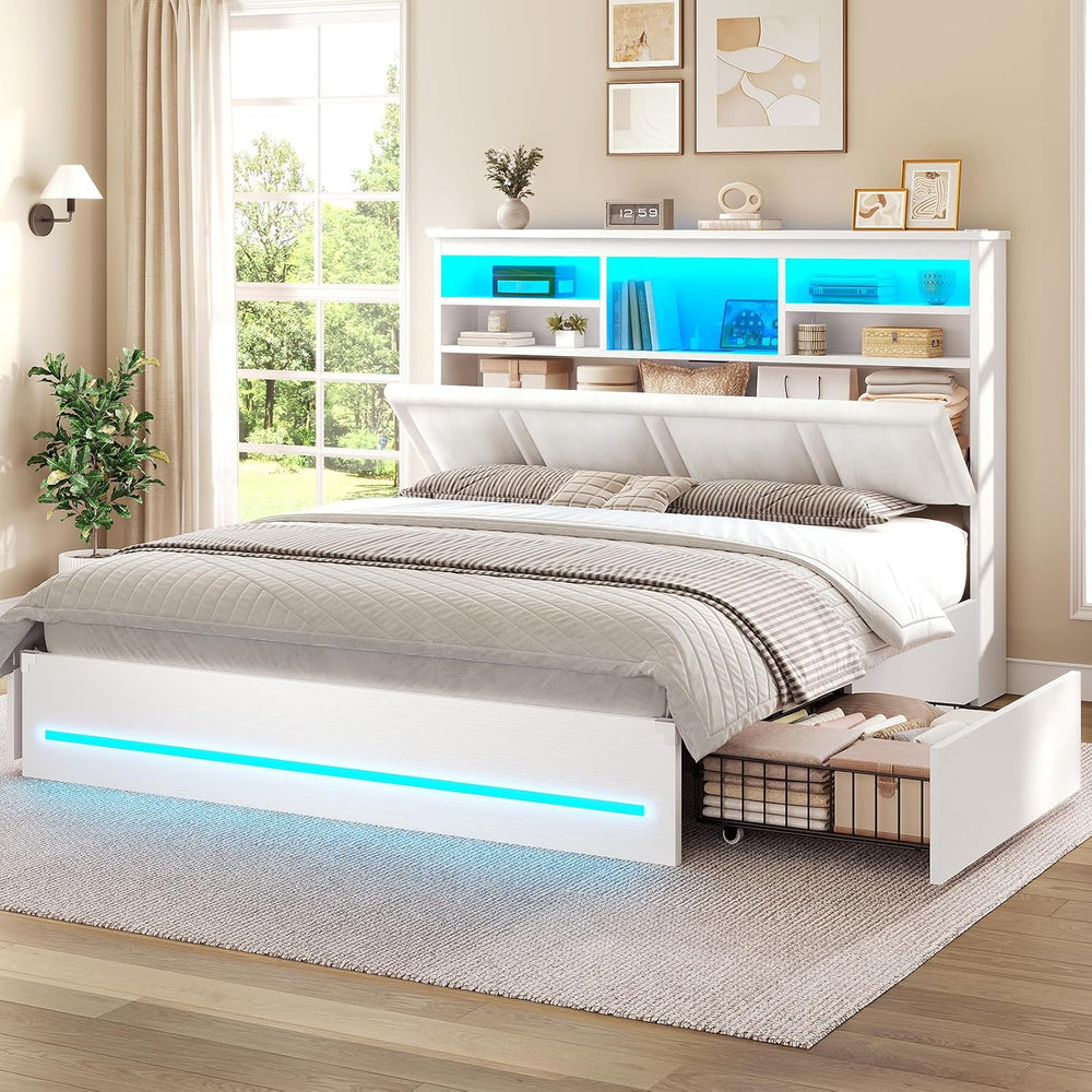 AOGLLATI Full Size Bed Frame with 4 Storage Drawers and Headboard,White