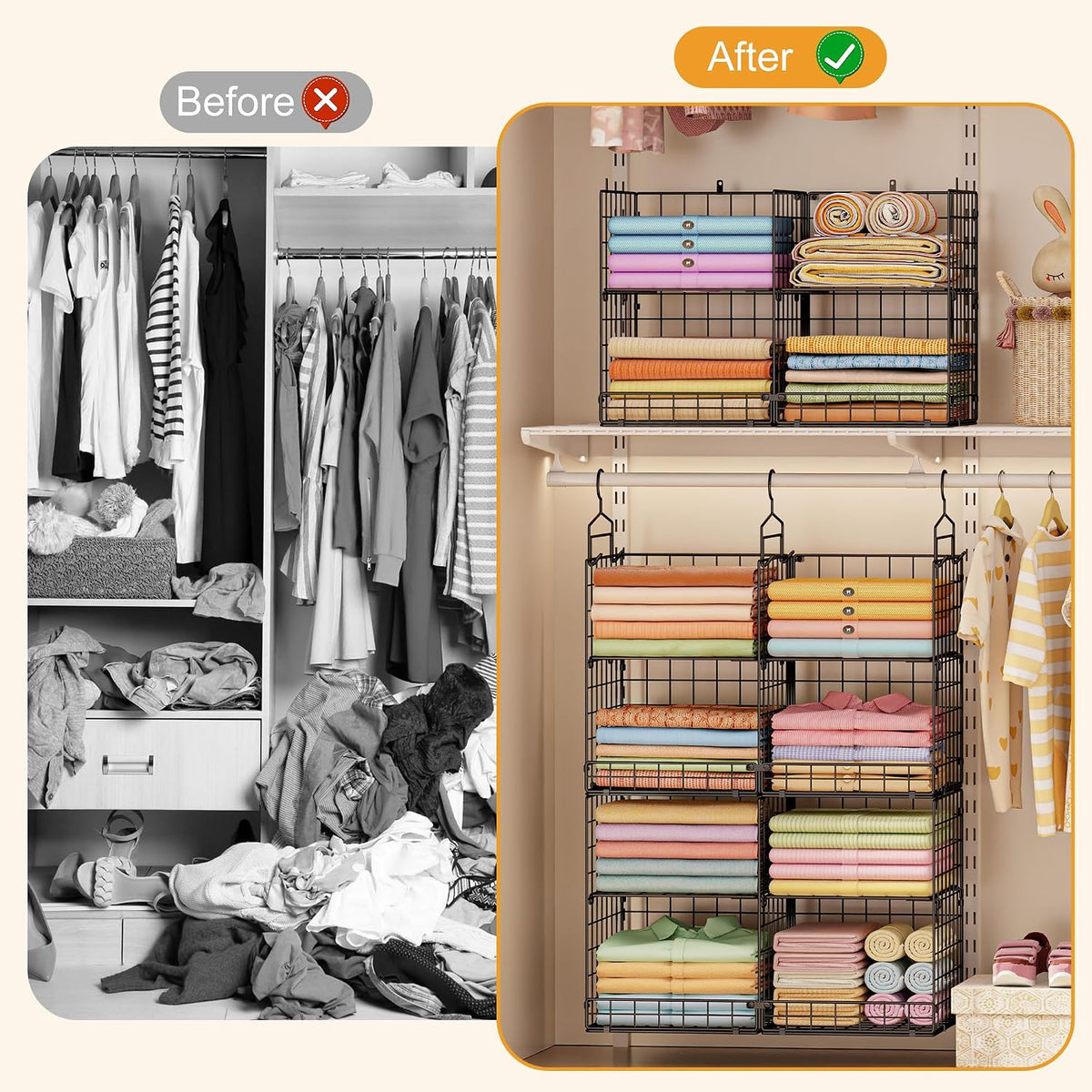 hanging closet organizer with diy spacing, double-row closet, front angle view