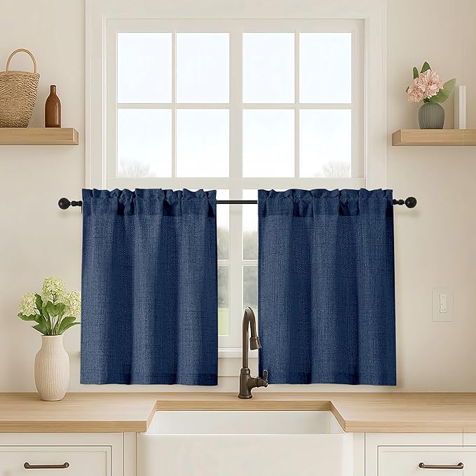 OVZME Navy Blue Kitchen Curtains 24 Inch Length, Light Filtering Faux Linen by OVZME