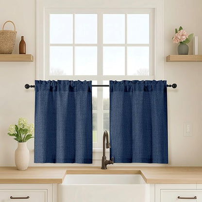 OVZME Navy Blue Kitchen Curtains 24 Inch Length, Light Filtering Faux Linen by OVZME