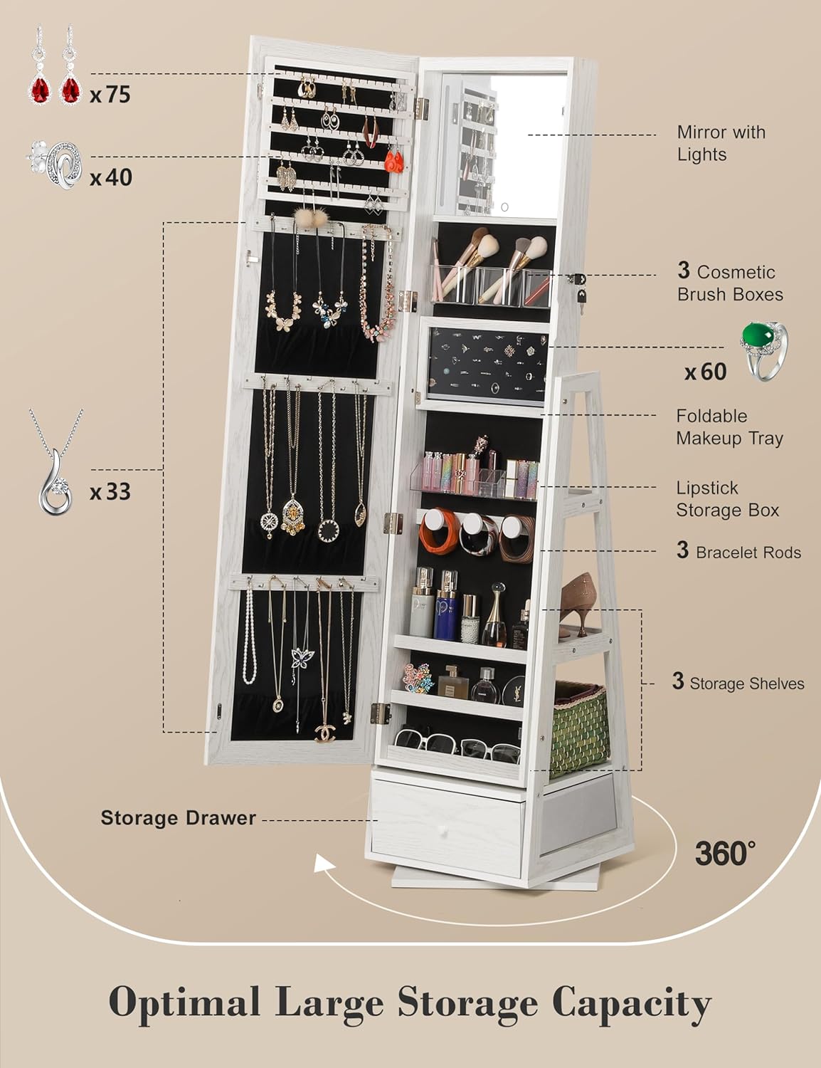 nicetree 360° swivel jewelry cabinet with lights, full, close-up detail