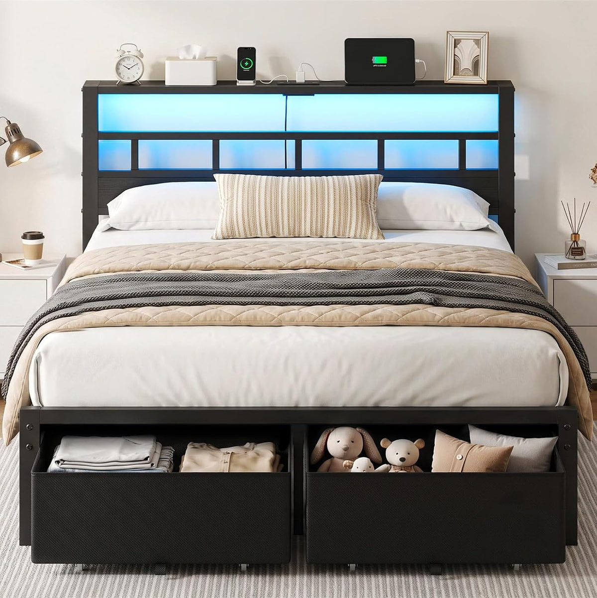queen size bed frame with 2 storage drawers, main product view