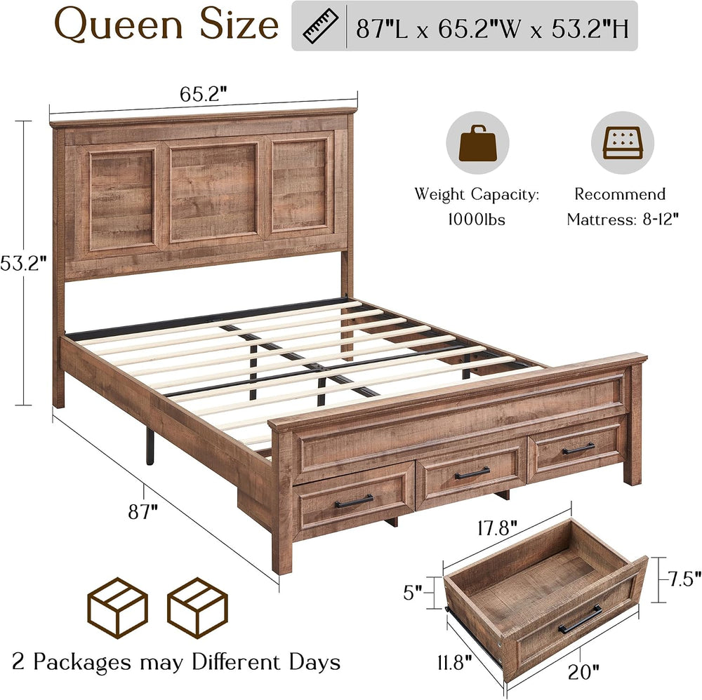 ACCOHOHO Farmhouse Queen Size Bed Frame with 53" Tall Headboard Light Brown